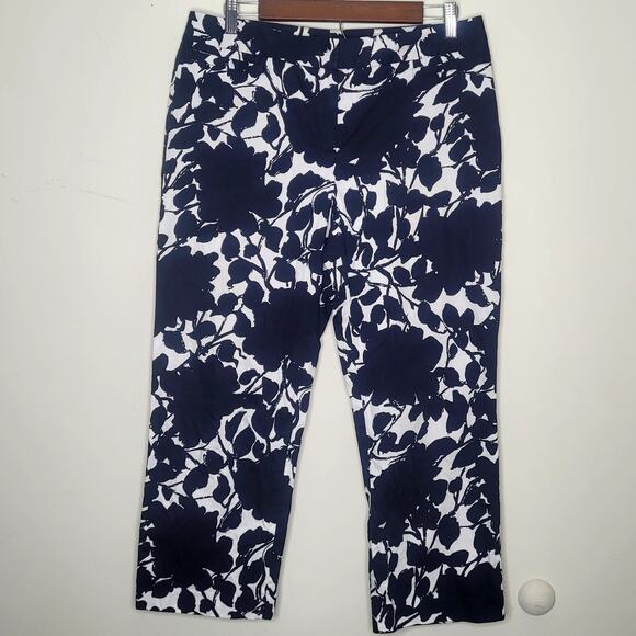 Lafayette 148 New York Sz 10 Midnight Blue Floral Capri Pants Work Office Casual - Picture 2 of 10
